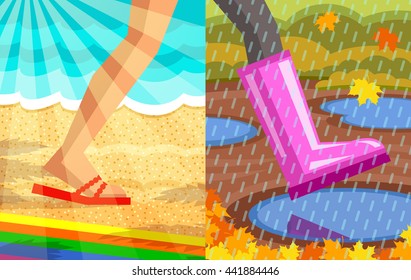 Legs of walking person. One foot with slipper, beach and sea at background, sunrays at foreground;  another foot with rubber shoe, puddles at background, rain at foreground. Step from summer to autumn