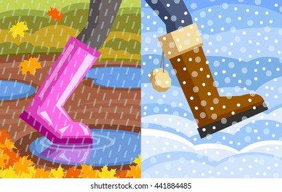 Legs of walking person. One foot with rubber shoe, puddles at background, rain at foreground; another foot with winter shoe, snowdrifts at background, snow at foreground. Step from autumn to winter