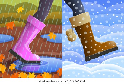 Legs of walking person, rubber boot is on one foot over autumn background, warm boot is on another foot over winter background. Step from autumn to winter. Changing of seasons concept