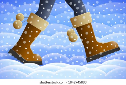 Legs of walking person, warm pants and boots are on girl's feet over winter background with snowfall and snowdrifts. Concept of season specifics