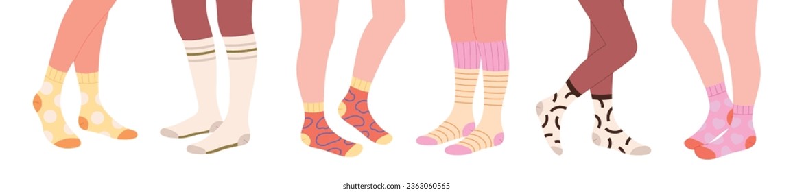 Legs wear socks, feet wearing color sock. Fabric foot accessory, cotton and decorative. Trendy female cozy clothes elements, fashion racy vector set