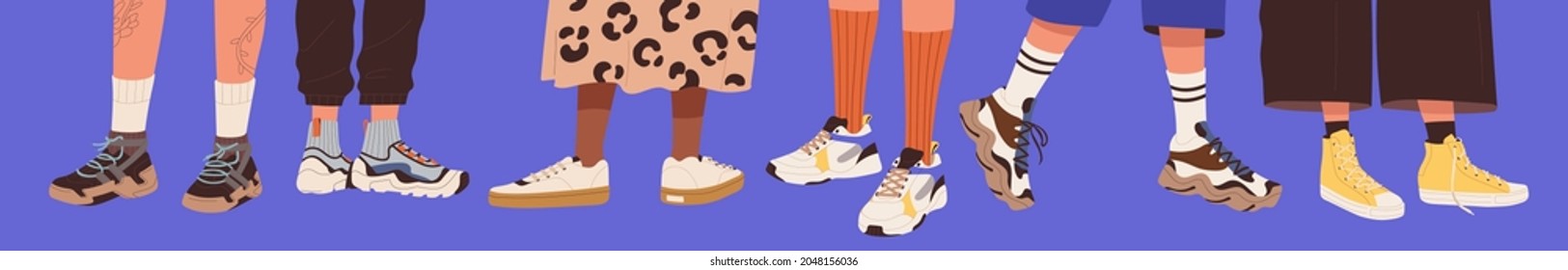 Legs wearing fashion sneakers. Feet in modern sports footwear. Trendy comfortable sportswear for active lifestyle. Stylish male and female models of athletic shoes. Colored flat vector illustration