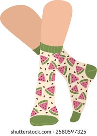 Legs wearing socks with watermelon pattern showing relaxing and enjoying free time at home, cozy atmosphere, summer vibes, fashion and lifestyle concept