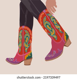 Legs in western cowboy boots and hand. Stylish decorative cowgirl boots embroidered with traditional wild west decoration. Realistic hand drawn vector illustration isolated on white background.