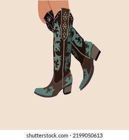 Legs in western cowboy boots and hand. Stylish decorative cowgirl boots embroidered with traditional wild west decoration. Realistic hand drawn vector illustration isolated on white background.