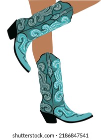 Legs in western cowboy boots. Stylish decorative cowgirl boots embroidered with traditional turquoise wild west decoration. Realistic hand drawn vector illustration.