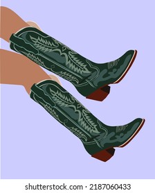 Legs in western cowboy boots. Stylish decorative cowgirl boots embroidered with traditional turquoise wild west decoration. Realistic hand drawn vector illustration.