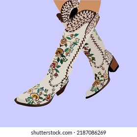 Piernas en botas de vaquero occidentales. Botas de vaquera decorativas y elegantes adornadas con decoración tradicional del oeste salvaje. Ilustración vectorial dibujada a mano realista.