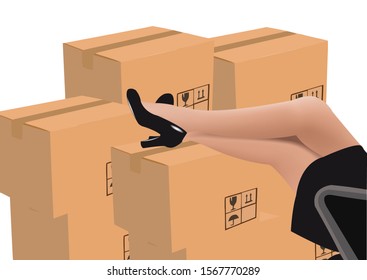 legs of a woman lying on the merchandise to be shipped