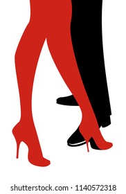 Legs of woman and man dancing tango on white background