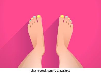 Legs Of Woman And Nails Colored With Different Nail Polishes, Over Colored Background, Top View Of Feet. Summer Pedicure, Foot Care, Beauty Spa Treatments