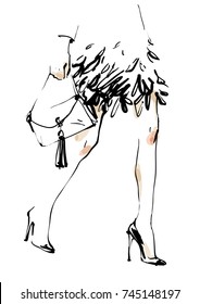 Legs of a woman walking in a skirt and stiletto shoes. Sketch fashion illustration