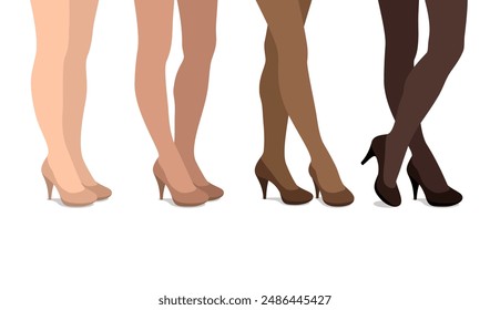 Legs of women with different skin colors and high-heeled shoes matched to skin tones, in various poses, concept of choosing shoes color to look fashionable and stylish, beauty and fashion issues