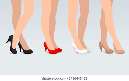 Legs of women and high-heeled shoes of different colors, in various poses, concept of choosing shoes color to look fashionable and stylish, beauty and fashion issues