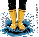 Legs in yellow rain boots splashing vector illustration