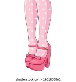 legs of a young girl in pink tights with polka dots and shoes