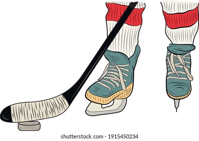 Legs of a young hockey player, ice hockey stick and puck close-up on ice background. Vector illustration.