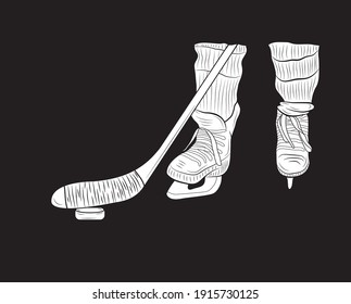 Legs of a young hockey player, ice hockey stick and puck close-up on ice background. Vector illustration.