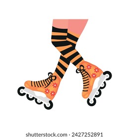 Legs of young roller skating woman on white background