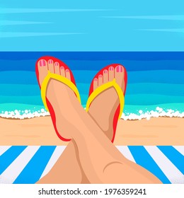 Legs of a young woman in flip flops on the background of the ocean. the concept of hotel vacation and travel to the south. vector illustration