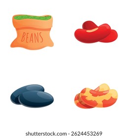 Ícones de leguminosas definem o vetor de desenhos animados. Feijão e ervilhas. Várias leguminosas, conceito alimentar