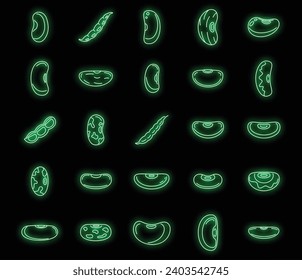 Legume kidney bean icons set. Outline set of legume kidney bean vector icons neon color on black