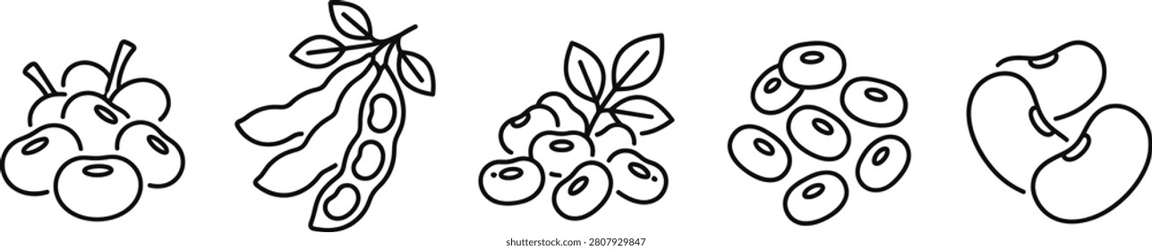 Legume line art icon set soybean edamame mung adzuki lima beans outline vector