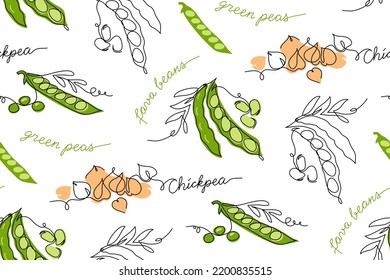 Legumes, beans vector pattern for vegan food packing, label design. One continuous line art drawing legumes pattern with lettering.