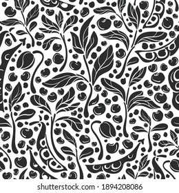 Legumes seamless pattern. Vector pod, bean, sprout, soy, lentils on white background. Natural vegan food. Art graphic illustration. Healthy ingredient, bio product, organic milk, farm field