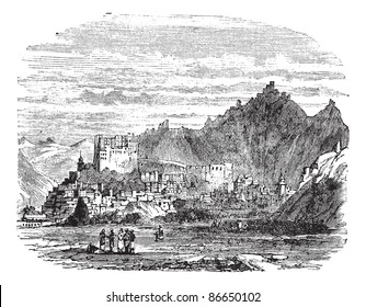 Leh Palace, in the town of Leh, Tibet, China, vintage engraved illustration. Trousset encyclopedia (1886 - 1891).