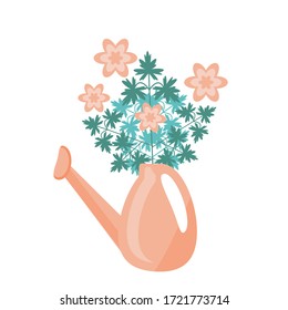 In the leica is a lush bouquet . Watering can with flowers isolated on a white background. Gardening, decorating, home Hobbies. Vector illustration in flat style.