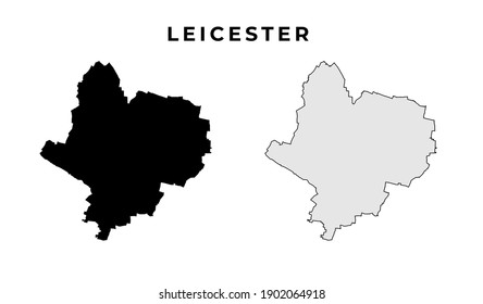 Leicester City UK Karte, Vektorsilhouette und Umriss schwarz-weiß einzeln auf weißem Hintergrund