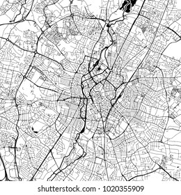 Leicester Downtown Vector Map Monochrome Artprint, Outline Version for Infographic Background, Black Streets and Waterways