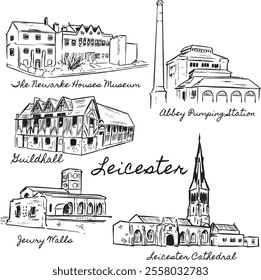 Leicester landmarks ink illustrations group. Museums, Towers, Pumping station, Cathedral, Guild Hall sketches set. Britain architecture vector drawing group. 