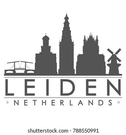 Leiden Netherlands Europe Skyline Silhouette Design City Vector Art Famous Buildings.