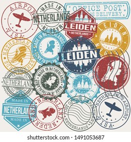 Leiden Netherlands Set of Stamps. Travel Stamp. Made In Product. Design Seals Old Style Insignia.