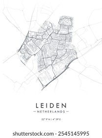 Mapa vetorial de Leiden em tema escuro. Mapa detalhado de Leiden em Países Baixos. Melhor ilustração de vetor livre. Mapa de rua decorativo turístico.