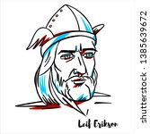 Leif Erikson engraved vector portrait with ink contours. Norse explorer from Iceland.