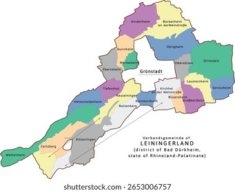Mapa de Leiningerland verbandsgemeinde do distrito de Bad Dürkheim, Renânia-Palatinado (Renânia-Palatinado), Alemanha. Vetorizado. Cores retroativas