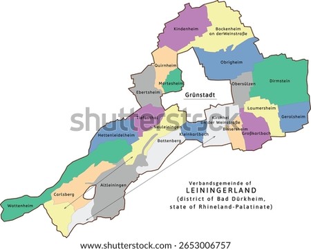 Leiningerland verbandsgemeinde map of Bad Dürkheim district Rhineland-Palatinate (Rheinland-Pfalz) state in Germany. Vectored. Retro colors