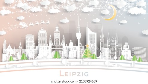 Leipzig Germany City Skyline in Paper Cut Style with Snowflakes, Moon and Neon Garland. Vector Illustration. Christmas and New Year Concept. Santa Claus on Sleigh. Leipzig Cityscape with Landmarks.