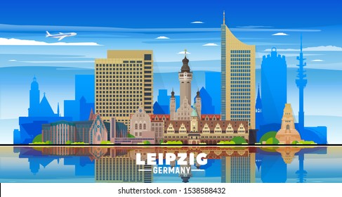 Leipzig Germany skyline at sky background. Flat vector illustration. Business travel and tourism concept with modern buildings. Image for banner or web site.