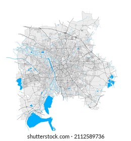 Leipzig, Saxony, Germany high resolution vector map with city boundaries and editable paths. White outlines for main roads. Many detailed paths. Blue shapes and lines for water.