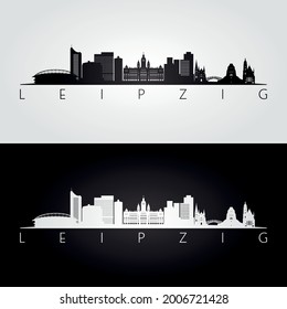 Leipzig skyline and landmarks silhouette, black and white design, vector illustration.