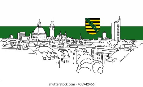 Leipzig Skyline Vector Outline Sketch with Saxonian Flag in Background
