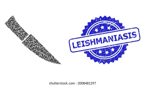 Leishmaniasis dirty stamp seal and vector recursive composition knife. Blue stamp seal includes Leishmaniasis text inside rosette. Vector collage is formed of repeating rotated knife pictograms.