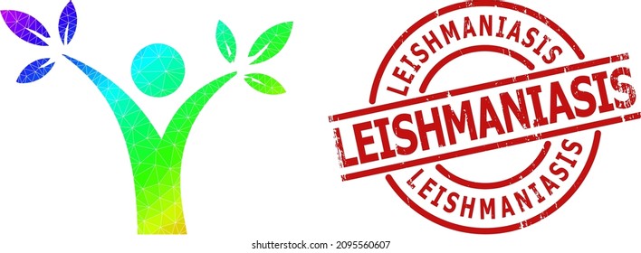 LEISHMANIASIS textured stamp and lowpoly spectral colored tree man icon with gradient. Red stamp seal contains Leishmaniasis text inside circle and lines form.