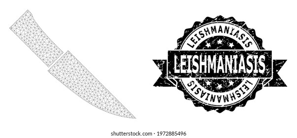 Leishmaniasis unclean stamp seal and vector knife mesh model. Black stamp seal includes Leishmaniasis title inside ribbon and rosette. Abstract flat mesh knife, created from flat mesh.