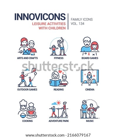 Leisure activities for children - line design style icons set. Parents spending time with kids idea. Arts and crafts, fitness, board and outdoor games, reading, cinema, cooking, adventure park, music