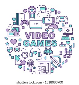 Leisure activities colorful linear icons set. Modern pastime, digital entertainment thin line contour symbols. Various gamer devices and video game genres isolated vector outline illustrations